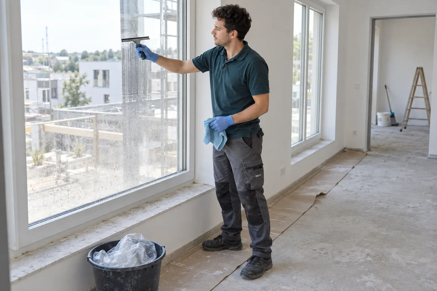 Mitarbeiter zieht Reinigungswasser von einer Fensterscheibe in einem noch baustaubigen Raum ab.