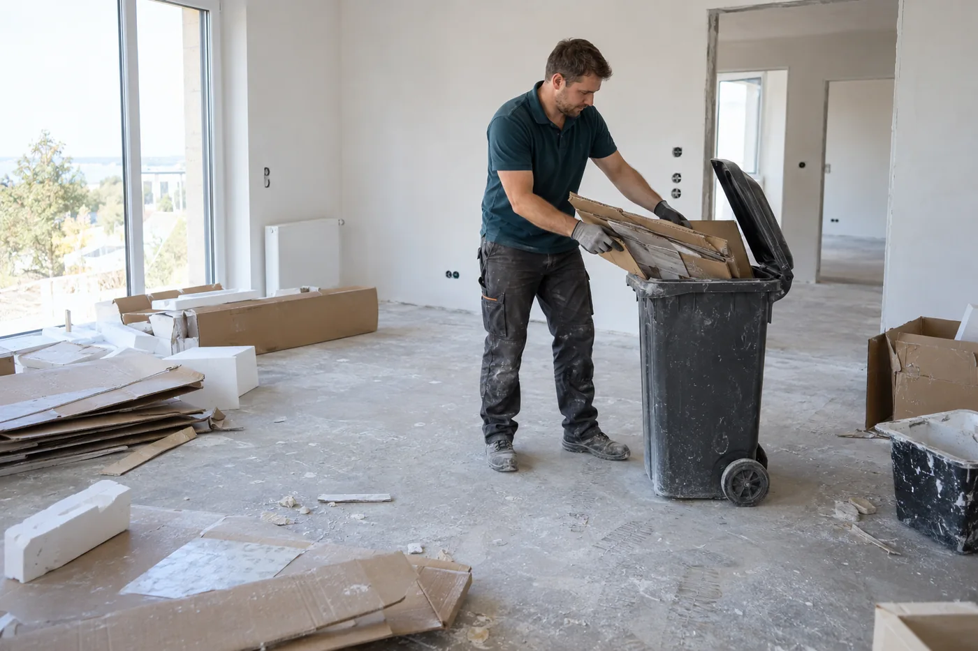 Mitarbeiter sammelt leere Verpackungen in einem Raum mit staubigem Boden und Rückständen nach dem Ausbau.